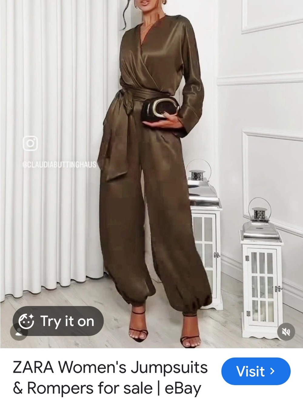 ZARA Olive Satin Wrap Jumpsuit